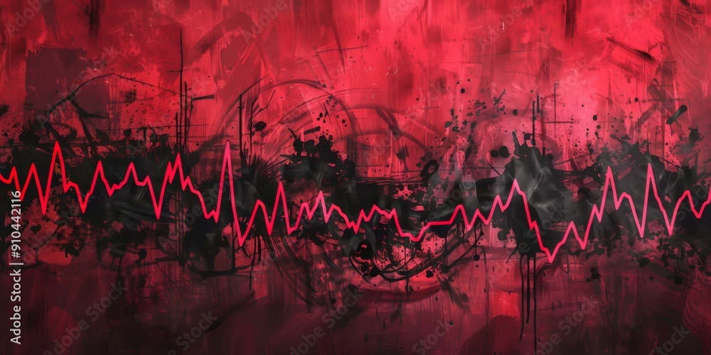 Fototapeta premium Abstract background with heartbeat graph and paint texture, red and black tones, brush strokes, artistic style.