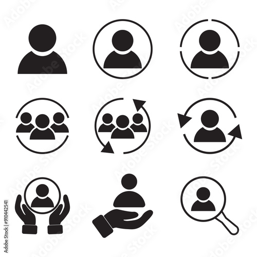 Audience customers target icon pictogram vector, focus group team find search aim glyph, user candidate hire circle set, patient assistance, management support and help client symbol,