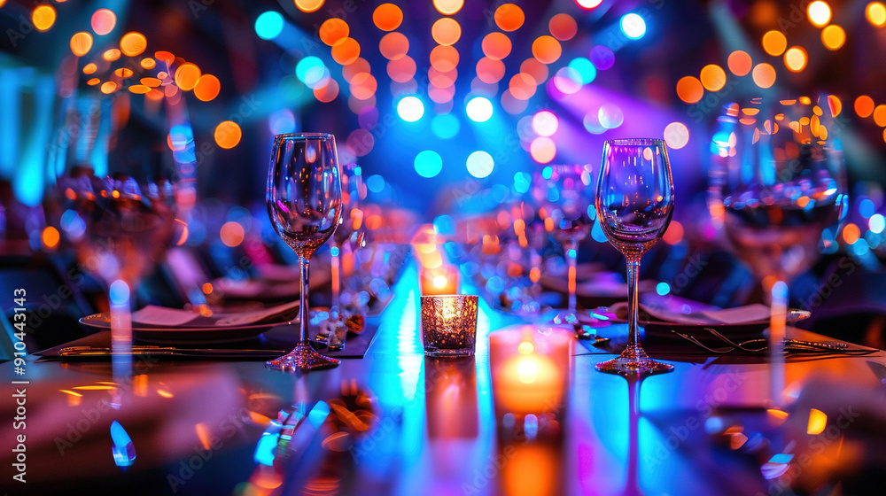 A sharp image of a table with wine glasses and a lit candle, set against a clear, well-lit backdrop of lights A sharp image of a table with wine glasses and a lit candle, set against a clear, well-lit backdrop of lights