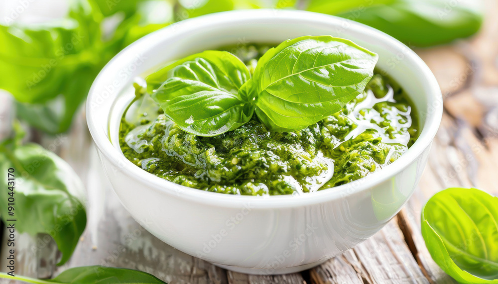 Homemade Basil Pesto Sauce in a White Bowl Homemade Basil Pesto Sauce in a White Bowl