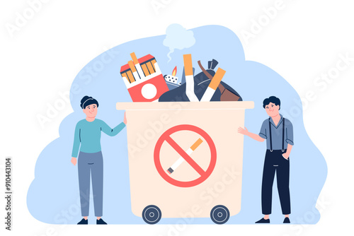 Stop smoking concept. Man woman throw cigarettes in trash can, giving up unhealthy bad habit. Smoke addiction win, flat recent vector scene