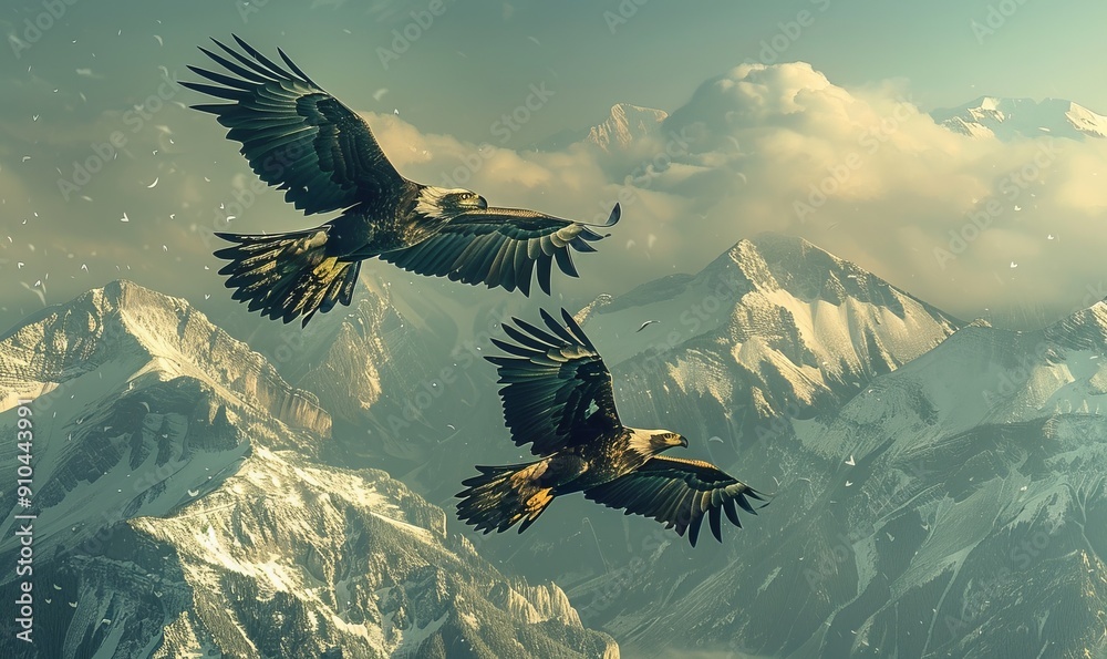 Obraz premium Eagles soaring above a mountain range, free and majestic