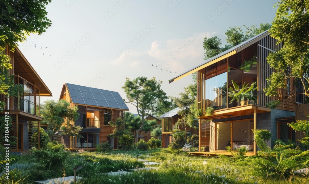 Ecofriendly homes with solar panels in sustainable housing development under the sky. Concept Eco-friendly Homes, Solar Panels, Sustainable Housing, Sky Views Ecofriendly homes with solar panels in sustainable housing development under the sky. Concept Eco-friendly Homes, Solar Panels, Sustainable Housing, Sky Views