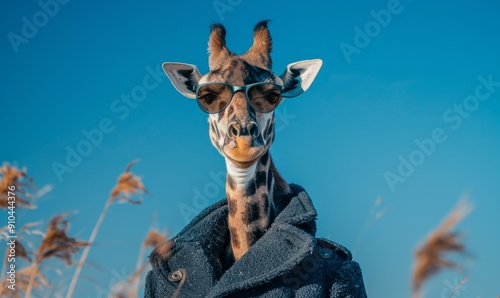 Elegant giraffe in a chic overcoat, tall and graceful photo