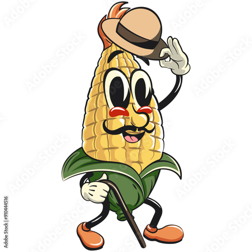 character of a cute corn cartoon vector isolated clip art mascot illustration carrying a stick and saluting with raised hat, work of hand drawn