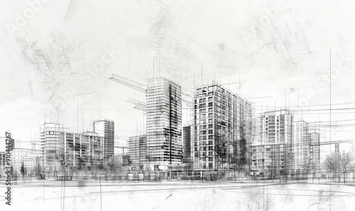 Elegant sketch of a cityscape with highlighted resale properties, showcasing urban living