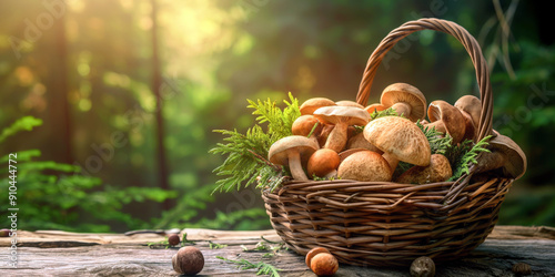 Basket filled with a variety of freshly picked edible mushrooms, placed on a rustic wooden table with a forest background with copy space. photo