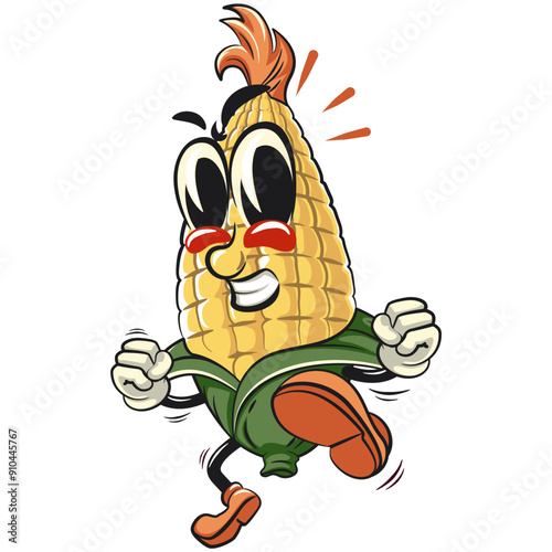 character of a cute corn cartoon vector isolated clip art mascot illustration enthusiastically jumping and kicking, work of hand drawn