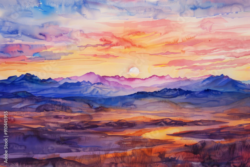 A painting of a sunset over a mountain range with a river in the foreground