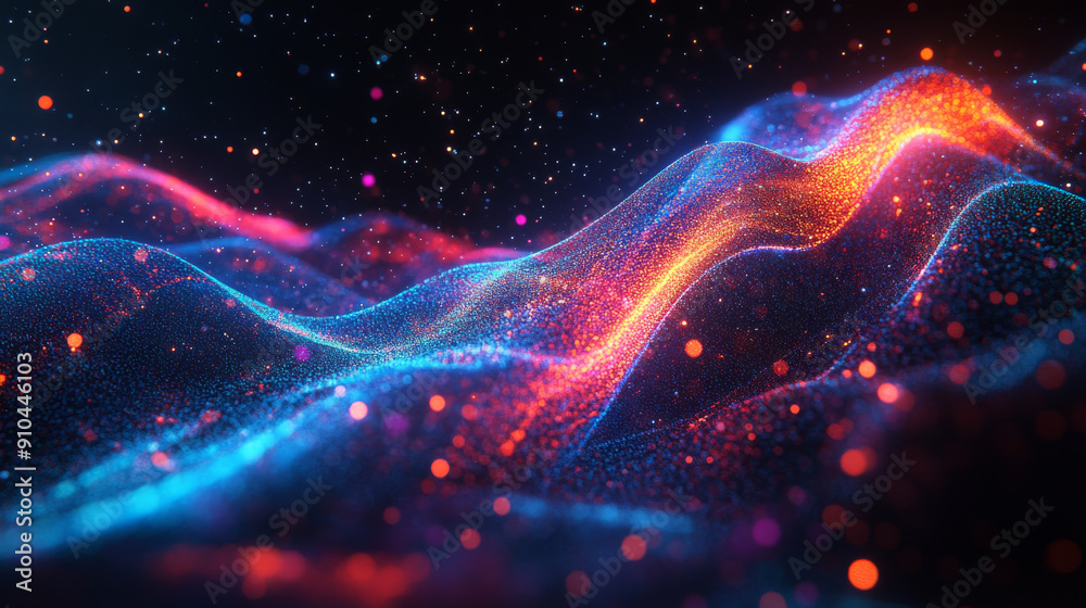 Fototapeta premium Abstract digital wave with colorful particles on a dark background. The wave has smooth, wavy curves, creating a futuristic and technological aesthetic.