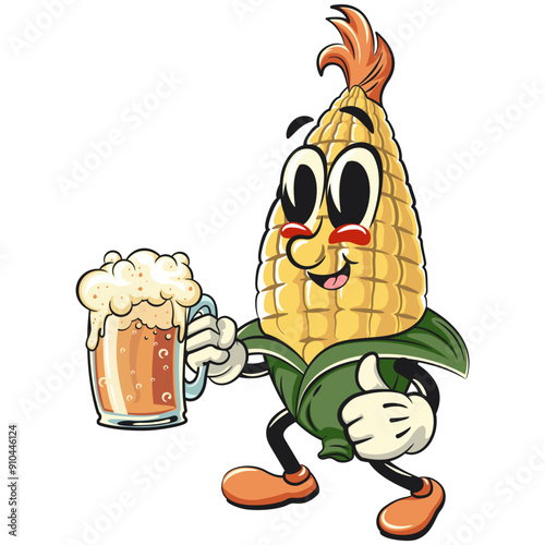 character of a cute corn cartoon vector isolated clip art mascot illustration raising a large beer glass while giving a thumbs up, work of hand drawn