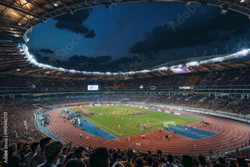 A stadium full of people watching a soccer game