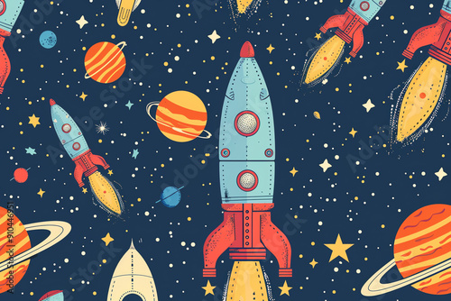 A colorful space scene with a rocket in the middle