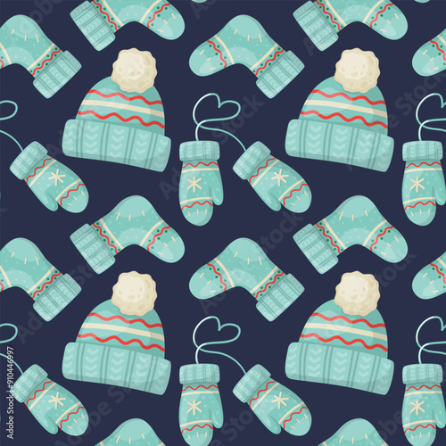 Seamless pattern with knitted winter hat with pompon, sock and mitten on dark background. Perfect for wrapping paper, scrapbooking, textile and product design. Hand drawn cartoone style.