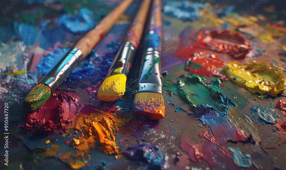 Fototapeta premium Multicolored crayons and paintbrushes on an artist's palette