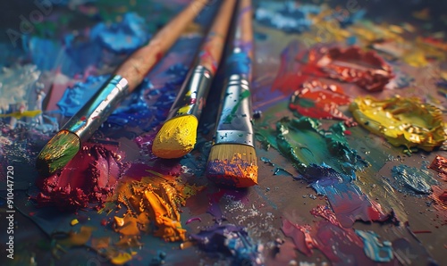 Multicolored crayons and paintbrushes on an artist's palette