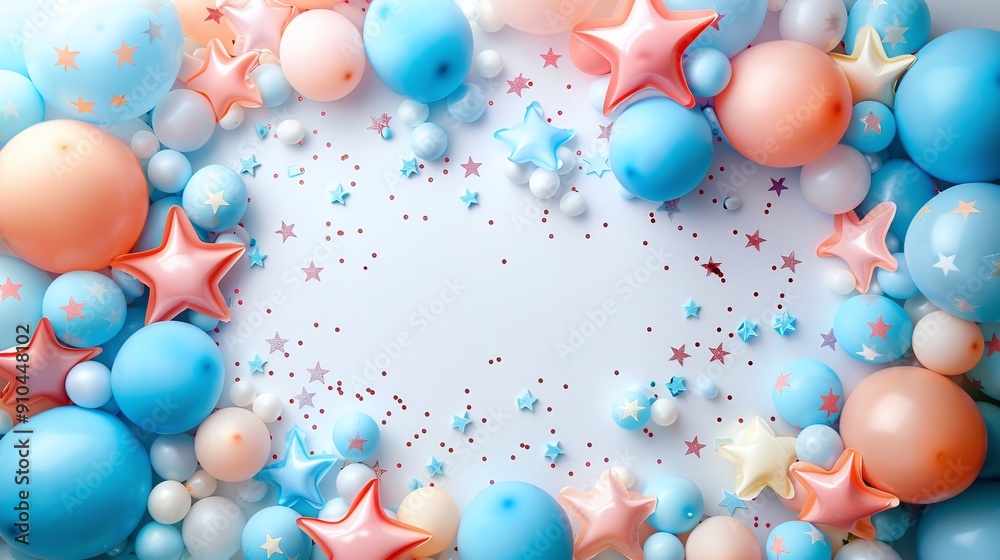 Pink and blue balloons with confetti and star-shaped balloons on a white background. Minimalistic flat lay style with vibrant colors. Copy space for text. Ideal for banners, marketing materials, back Pink and blue balloons with confetti and star-shaped balloons on a white background. Minimalistic flat lay style with vibrant colors. Copy space for text. Ideal for banners, marketing materials, back