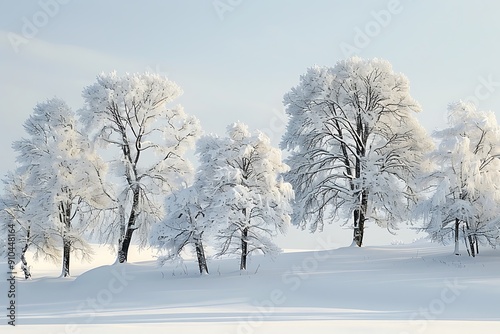  A serene winter landscape with snow-covered trees in soft white and grey tones, under a clear, pale blue sky, with gentle shadows creating a sense of calm and quiet.