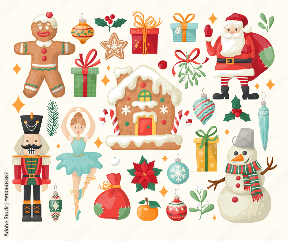 Big Christmas set of festive symbols and design elements. Christmas vector characters. Hand-drawn style sticker pack. Vector elements for banner, card, postcard, cover. Big Christmas set of festive symbols and design elements. Christmas vector characters. Hand-drawn style sticker pack. Vector elements for banner, card, postcard, cover.