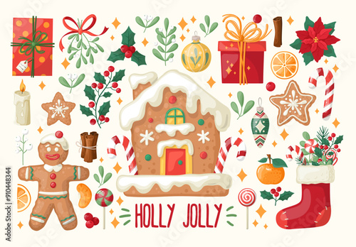 Big set of Christmas gingerbread, sweets, festive symbols and design elements. Hand-drawn cartoon style. Vector elements for sticker pack, banner, card, postcard, cover.