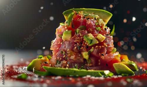 Spicy tuna tartare, avocado slices photo