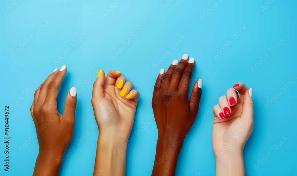 Naklejka premium Four Hands With Different Nail Polish Colors Against a Blue Background