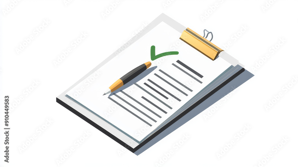 Checklist with pen, application form, survey, document with green checkmark, sheet of paper with checkmark. Vector illustration Checklist with pen, application form, survey, document with green checkmark, sheet of paper with checkmark. Vector illustration