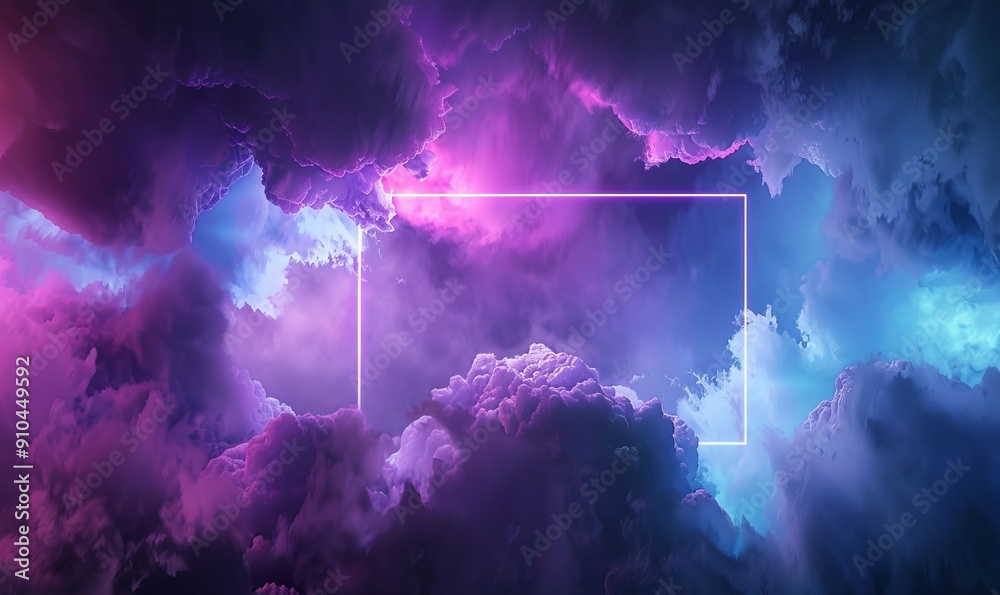 Cyberpunk Background Design. Cloud Formation with Blue and Purple, Rectangle shaped Neon Frame. Cyberpunk Background Design. Cloud Formation with Blue and Purple, Rectangle shaped Neon Frame.