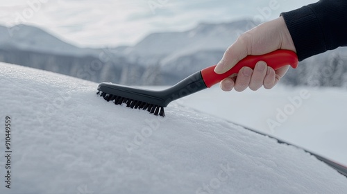 A man uses a brush to remove snow from his car in a suburban neighborhood on a cold winter morning photo