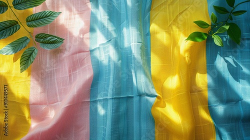 Wallpaper Mural Bright flat lay with colorful striped fabrics in shades of pink, blue, and yellow with green leaves, perfect for creating a cheerful and vibrant atmosphere in textile design, fashion, and home decor. Torontodigital.ca