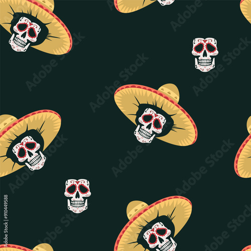 Dia De Los Muertos Mexican Seamless Pattern with calavera sugar skulls. Day of the dead.