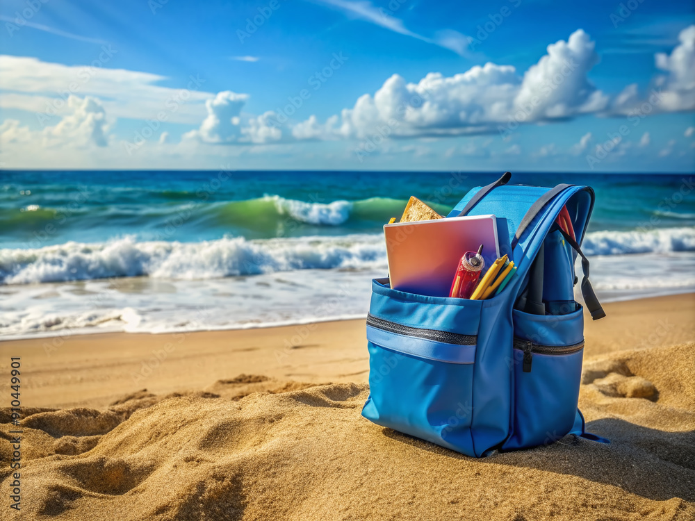 Vibrant blue school bag overflowing with books and stationery lies abandoned on a sun-kissed sandy beach, with gentle waves crashing in the serene background. Vibrant blue school bag overflowing with books and stationery lies abandoned on a sun-kissed sandy beach, with gentle waves crashing in the serene background.