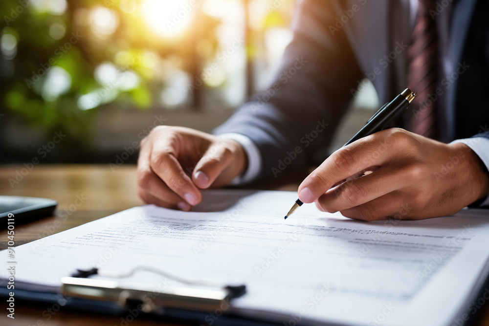 Close up business man reads and signs a contract in the office Close up business man reads and signs a contract in the office