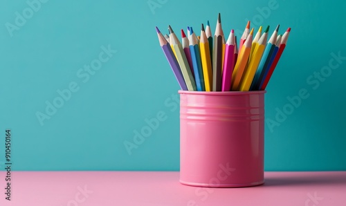 Colorful pencil holder with a set of pencils for drawing at school, promoting creativity with an arts and crafts, artistic education concept, ideal for children going back to school