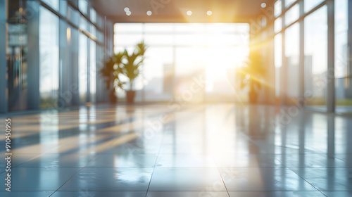 blurred background of modern office interior with panoramic windows and beautiful lighting