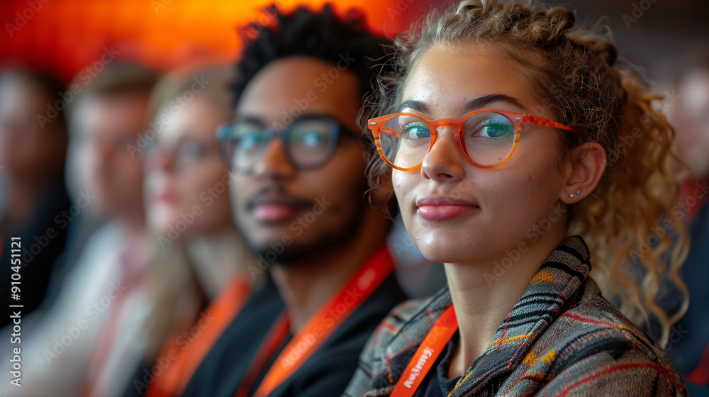 Attentive Young Woman in Glasses at Conference, Looking Forward Attentive Young Woman in Glasses at Conference, Looking Forward