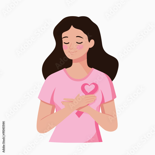 flat illustrations of a women wearing pink T shirt holding her hand on chest, and Awareness pink Ribbon white background 001.eps