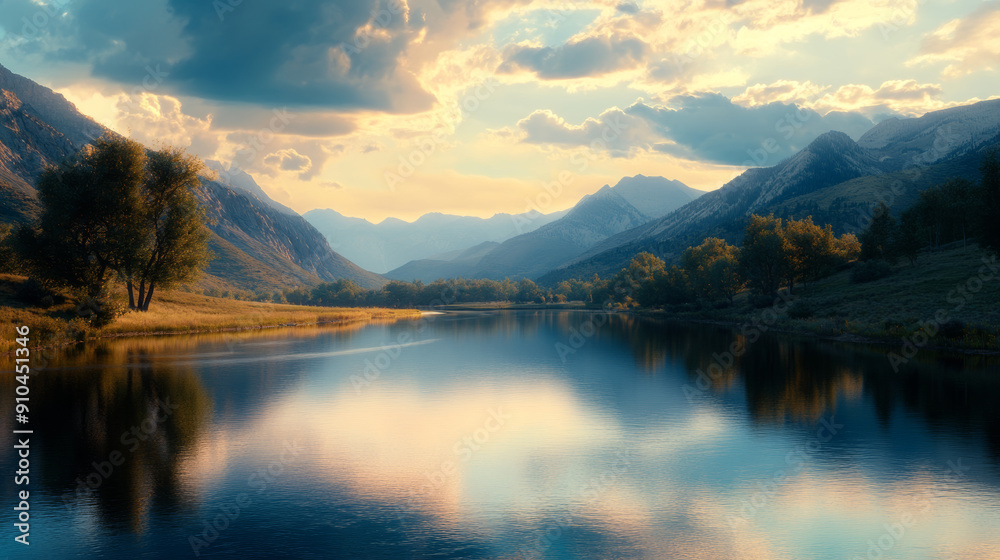 Naklejka premium A serene river flows through a picturesque valley, bordered by towering mountains. The calm waters reflect the sky, creating a breathtaking view that invites you to explore the beauty of nature.