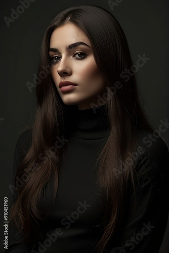 A young beautiful woman with flowing brunette hair and piercing green eyes.
