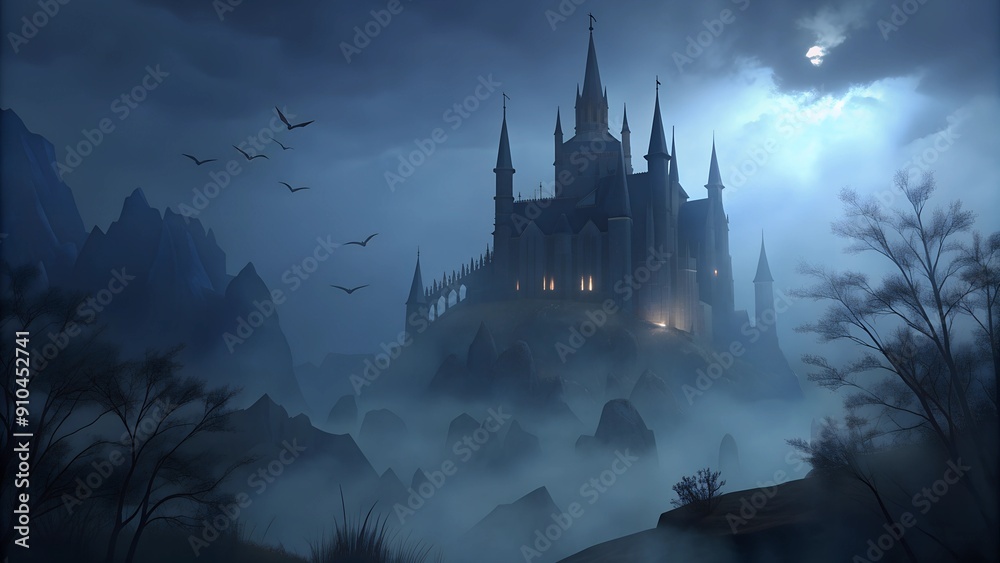 Haunted Castle on a Misty Night with Full Moon and Bats Haunted Castle on a Misty Night with Full Moon and Bats