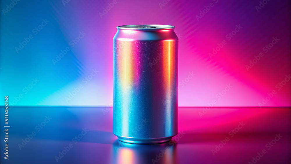 Vibrant energy drink can with bold font and sleek design stands upright on a bright pink and blue ombre background, exuding energy and healthy vibes. Vibrant energy drink can with bold font and sleek design stands upright on a bright pink and blue ombre background, exuding energy and healthy vibes.
