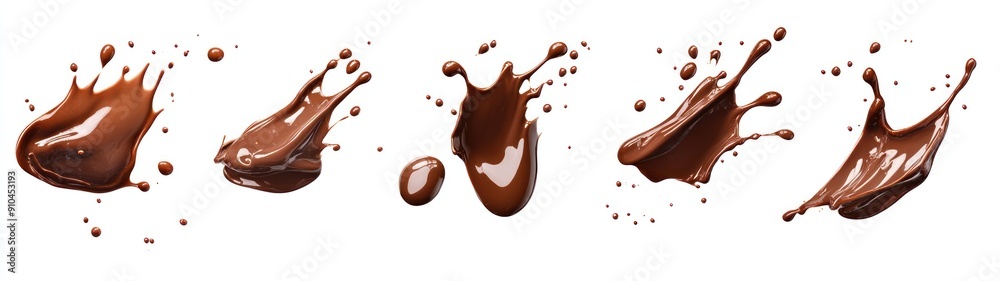 Multiple Splashes of Chocolate Syrup Isolated on White Background Multiple Splashes of Chocolate Syrup Isolated on White Background