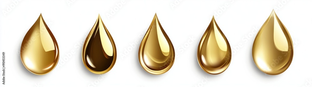 Five Shiny Golden Drops of Liquid on White Background Five Shiny Golden Drops of Liquid on White Background