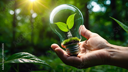 Hand holding light bulb against nature on green leaf with energy sources, Sustainable developmen and responsible environmental, Energy sources for renewable, Ecology concept. photo