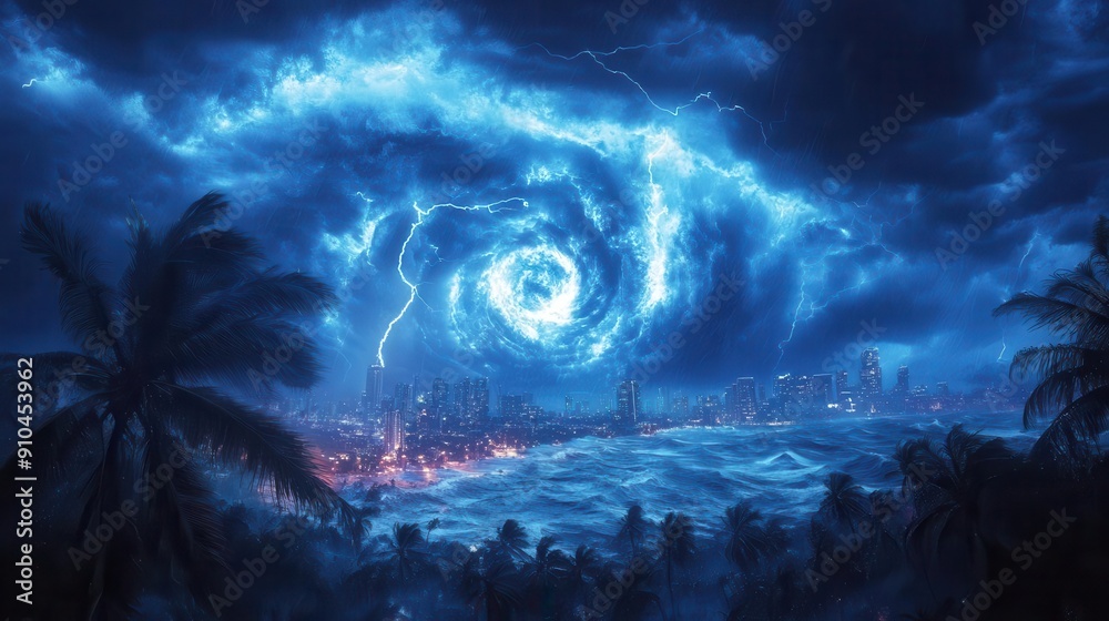dramatic illustration of a massive hurricane approaching a coastal city ...