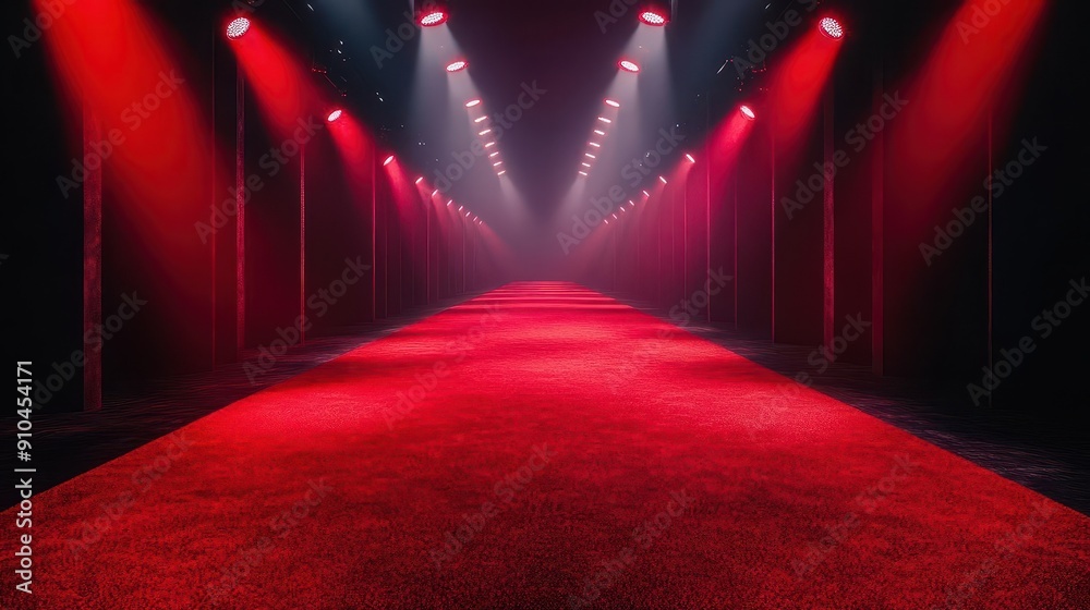 dramatic red carpet stretching under dazzling spotlights rich velvety texture contrasts with surrounding darkness atmosphere of anticipation and glamour dramatic red carpet stretching under dazzling spotlights rich velvety texture contrasts with surrounding darkness atmosphere of anticipation and glamour
