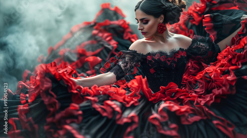 Una bailaora de flamenco morena vestida con un vestido tradicional negro y rojo.