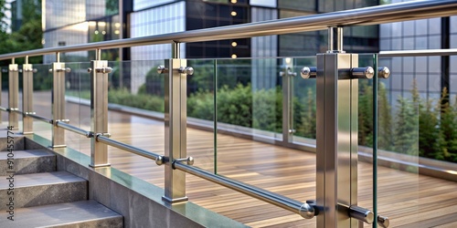 Modern Glass Railing With Polished Steel Handrail and Posts, architecture , railing , glass , steel photo