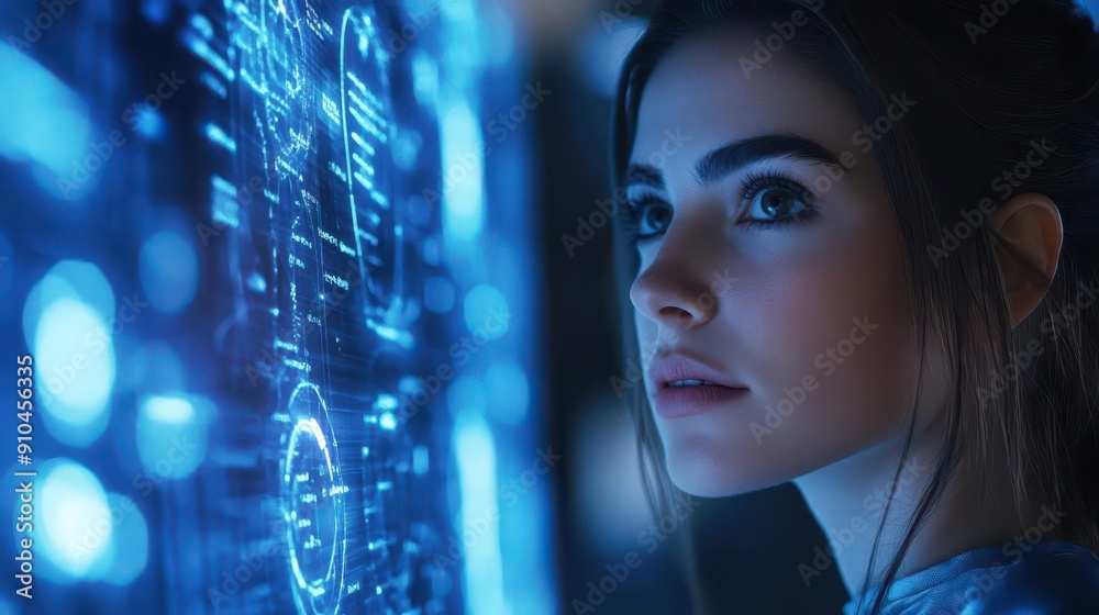 female executives analyze holographic data projections futuristic office glowing charts float midair sleek attire determined expressions bluetinted tech ambiance female executives analyze holographic data projections futuristic office glowing charts float midair sleek attire determined expressions bluetinted tech ambiance