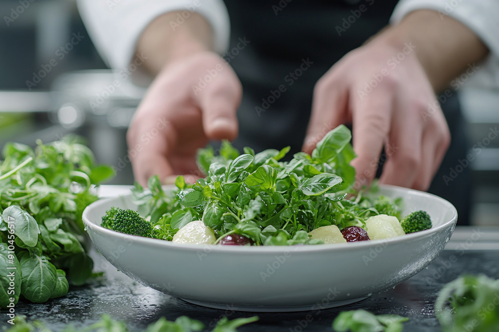 Photograph of a Chef Garnishing a Dish with Fresh Herbs and Vegetables: Highlighting culinary artistry. Photograph of a Chef Garnishing a Dish with Fresh Herbs and Vegetables: Highlighting culinary artistry.
